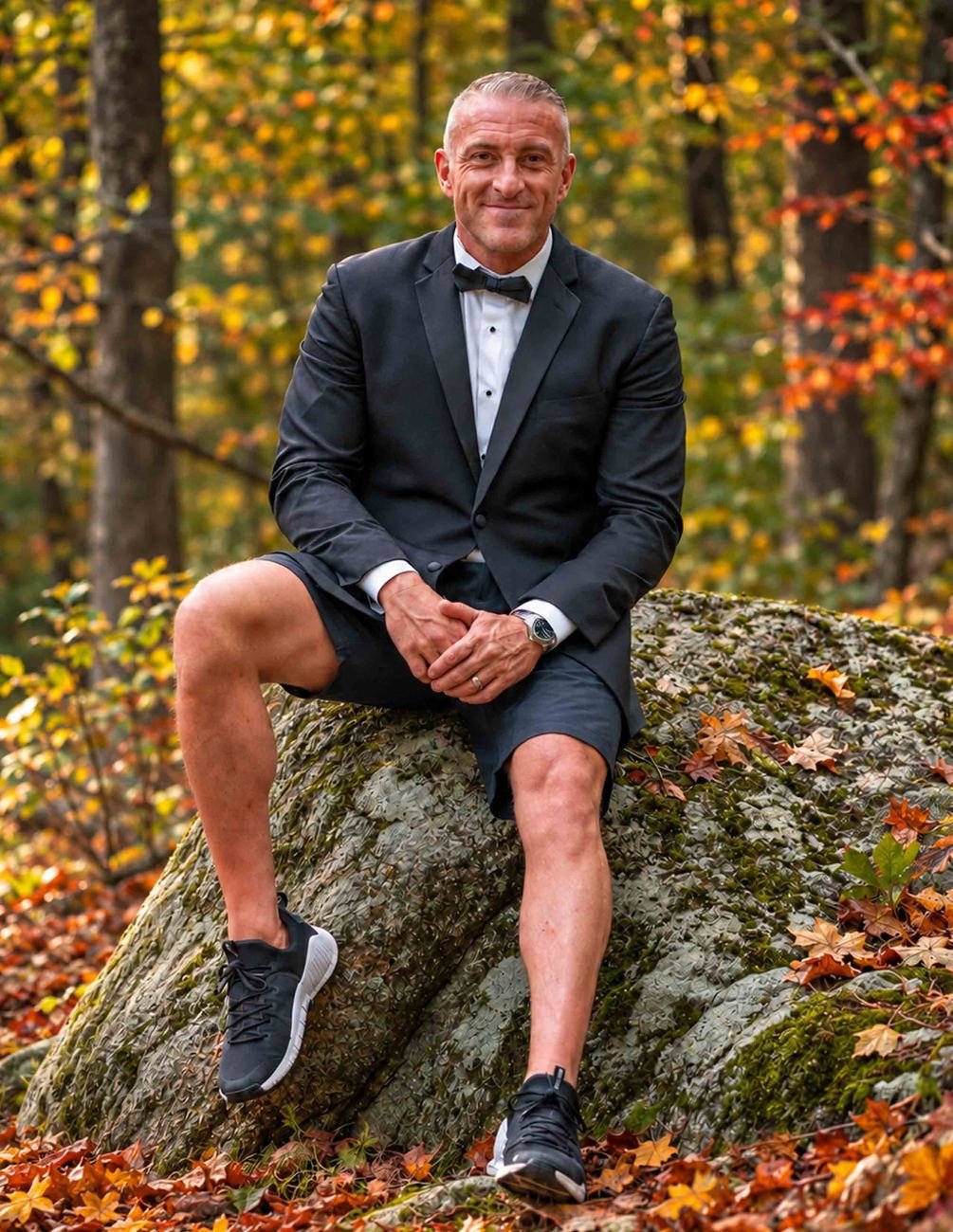 Adam Eirand seated on a rock in an autumn forest