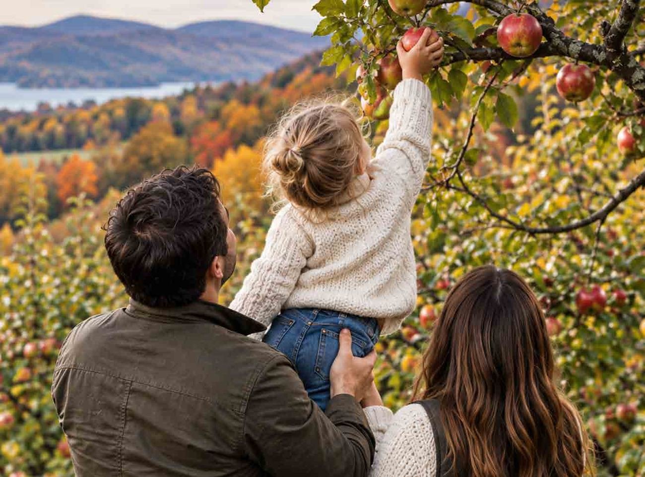A family picking apples in an autumn orchard
